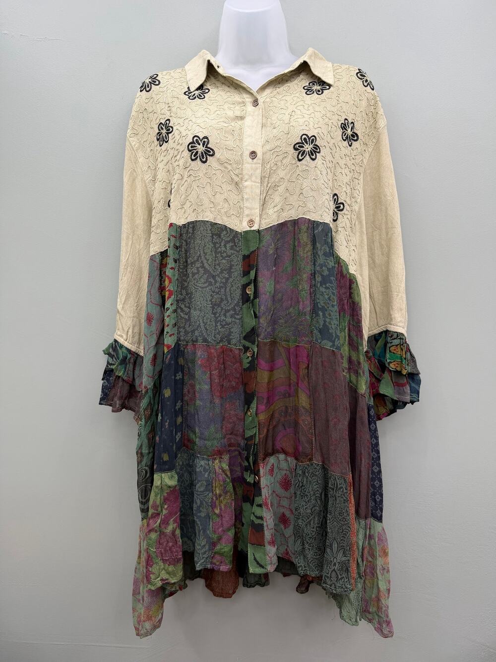Young Threads Patchwork Boho Tunic Dress Embroidered Ruffle Sleeve 100% Viscose